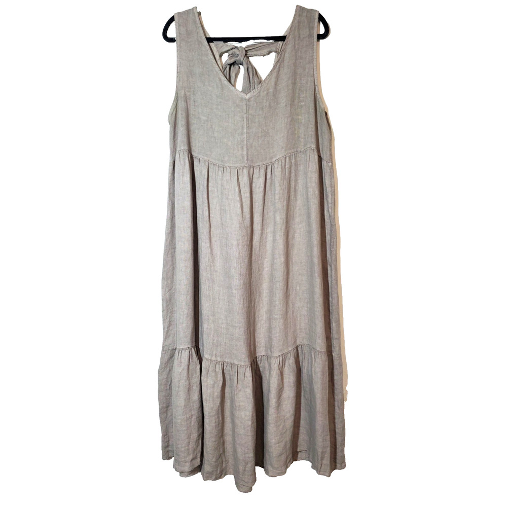 TEMPO PARIS Dress Womens M/L 100% Linen Tiered Brown Scoopneck LAGENLOOK Art A